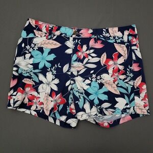 St. Johns Bay Womens Floral Chino Shorts Navy Blue Pink Tropical Stretch Size 14